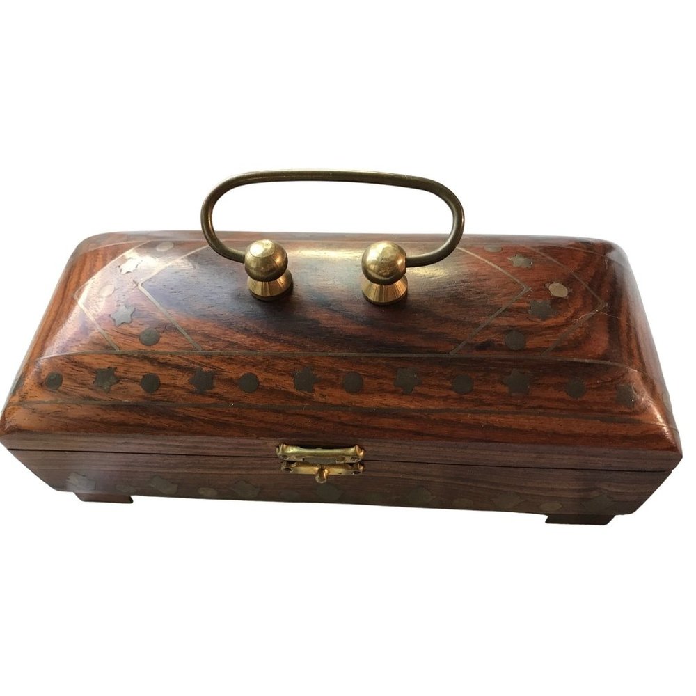 RARE Inlay Brass Vintage Carved Jewelry Jewellery Trinket Storage India Wood Box